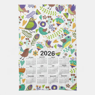 2026 Kalender Groene & Blauwe Vogels en Bloemen Theedoek
