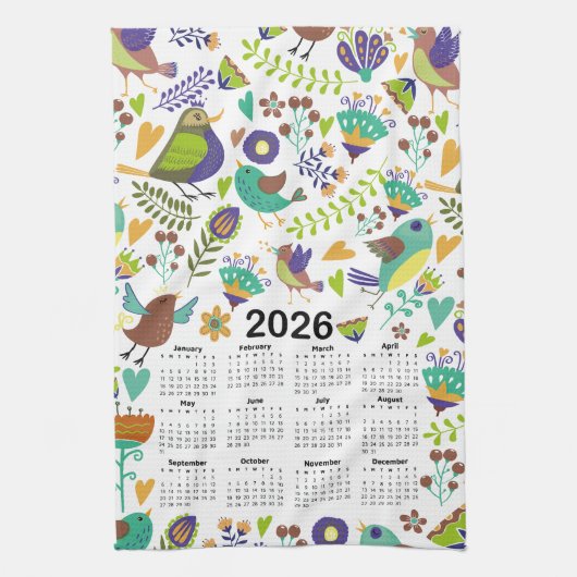 2026 Kalender Groene & Blauwe Vogels en Bloemen Theedoek (Verticaal)