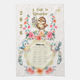 2026 Kalender Handdoek Cute Folk Bloemrijke Vogels