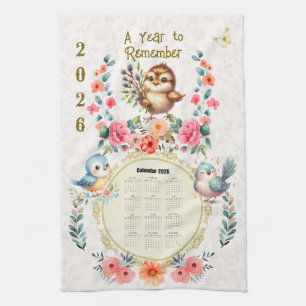 2026 Kalender Handdoek Cute Folk Bloemrijke Vogels