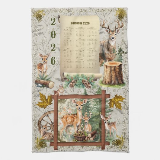 2026 Kalender Handdoek Deer Buck Pinecones Eikels (Verticaal)