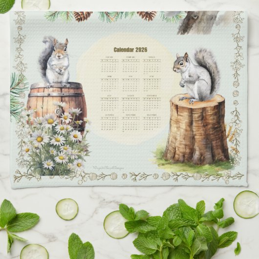 2026 Kalender Handdoek Eekhoorns Daisies Eikels Gr (Gevouwen)