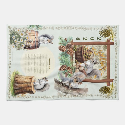2026 Kalender Handdoek Eekhoorns Daisies Eikels Gr (Horizontaal)