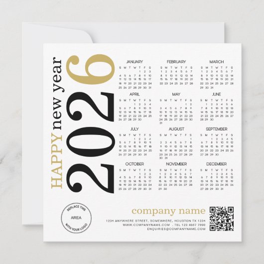 2026 Kalender Logo QR Code Gelukkig Nieuwjaar Feestdagenkaart (Voorkant)