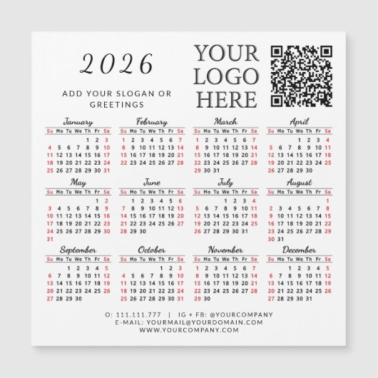 2026 Kalender Magnet Business QR Code Bedrijf Logo (Voorkant)