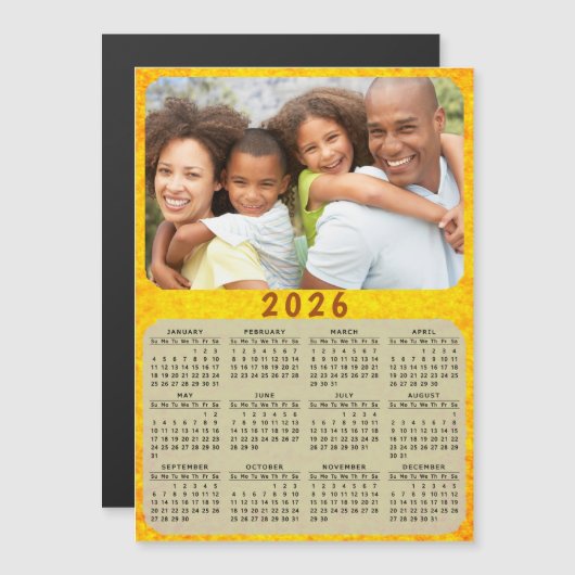 2026 Kalender Magnet Familie Foto Gouden Geel (Voorkant / Achterkant)