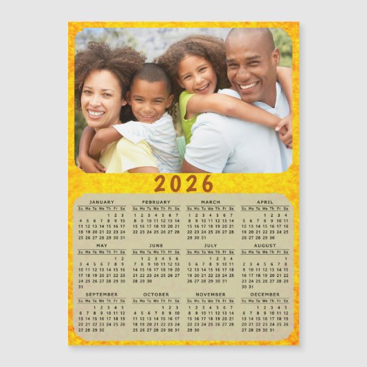 2026 Kalender Magnet Familie Foto Gouden Geel (Voorkant)