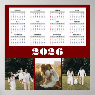 2026 kalender met bordeauxrode achtergrond poster