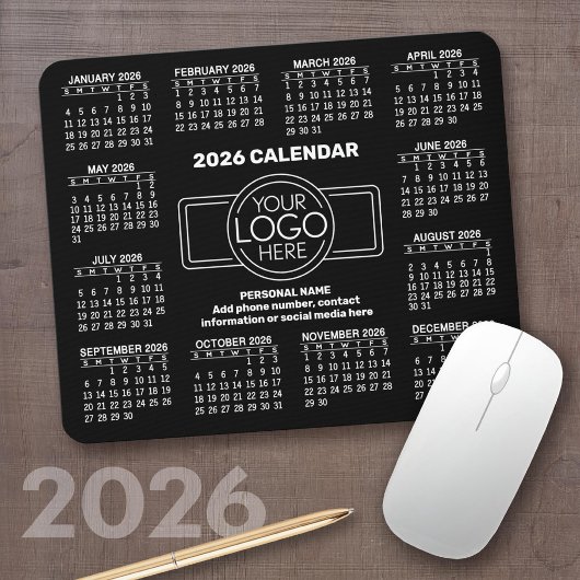 2026 Kalender met logo, Contactgegevens Zwart Muismat