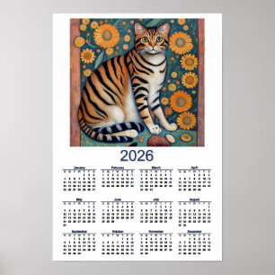 2026 Kalender met Tabby Cat Folk Art Poster