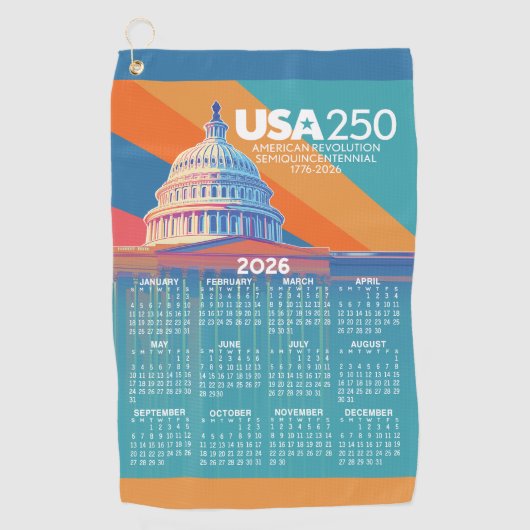 2026 Kalender met USA 250 Capital Dome Amerika Golfhanddoek (Voorkant)