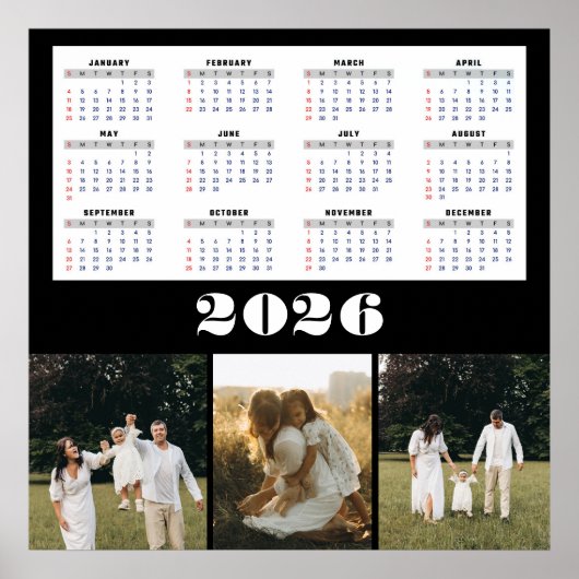 2026 kalender met zwarte achtergrond poster (Voorkant)