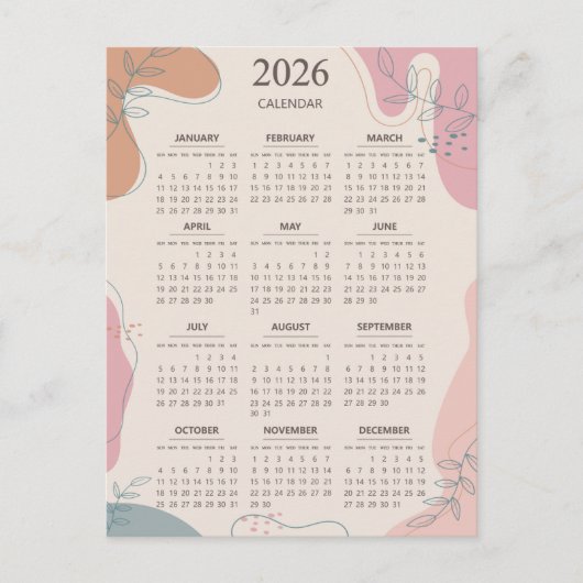 2026 Kalender Mid Century Abstract Boho Esthetiek Briefkaart (Voorkant)