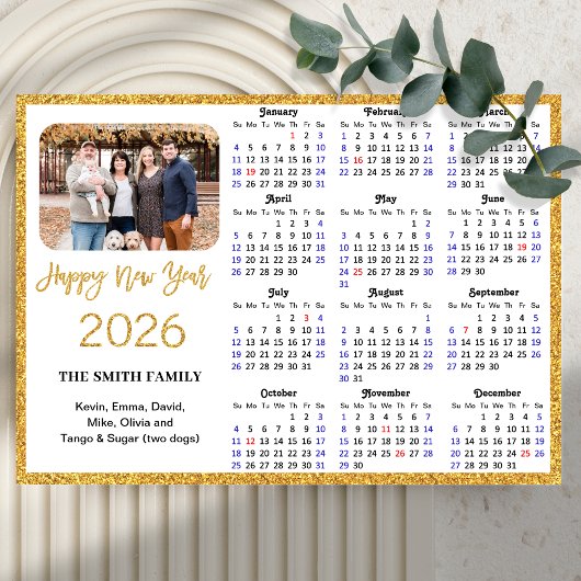 2026 Kalender Moderne Gouden Glitter Foto Magnetis