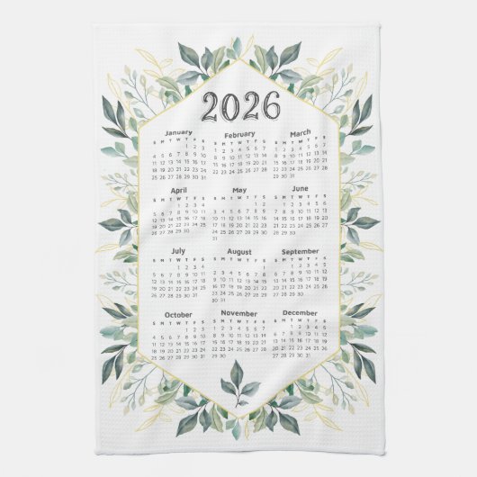 2026 Kalender Moderne Waterverf Botanische Bladere Theedoek (Verticaal)