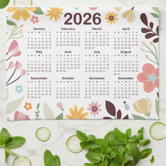 2026 Kalender Multicolor Hand getrokken Bloemen Theedoek (Gevouwen)