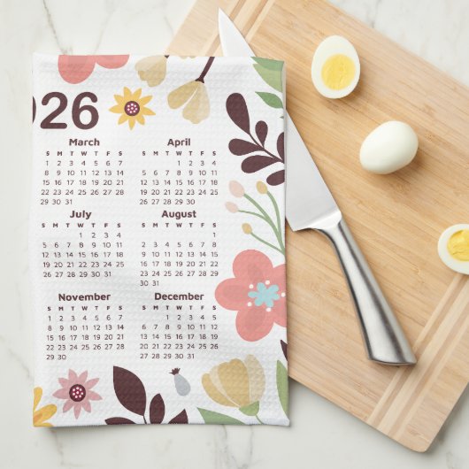2026 Kalender Multicolor Hand getrokken Bloemen Theedoek (Quarter Fold)