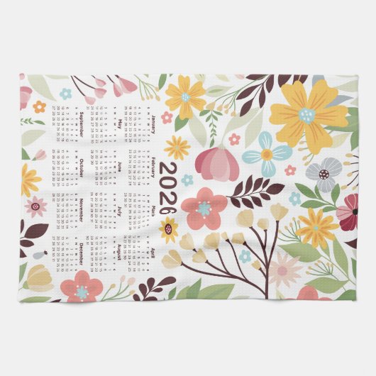 2026 Kalender Multicolor Hand getrokken Bloemen Theedoek (Horizontaal)