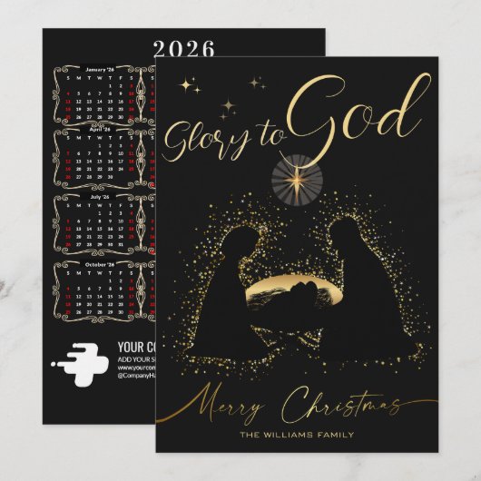 2026 Kalender Nativity Manager Glory to God Script Feestdagenkaart (Voorkant / Achterkant)