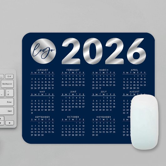 2026 Kalender Navy Blue & Silver Company Logo Muismat