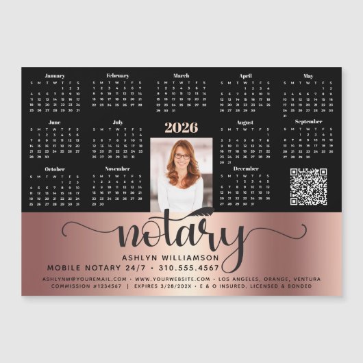 2026 Kalender Notaris Koper Zwart QR Code Magnet (Voorkant)
