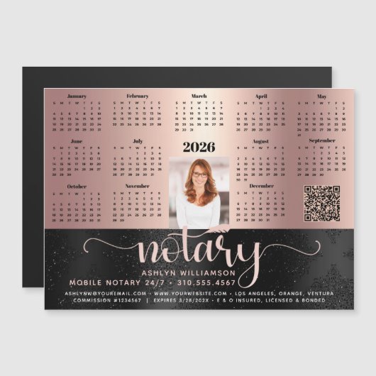 2026 Kalender Notaris Zwart Roze QR Code Magnet (Voorkant / Achterkant)