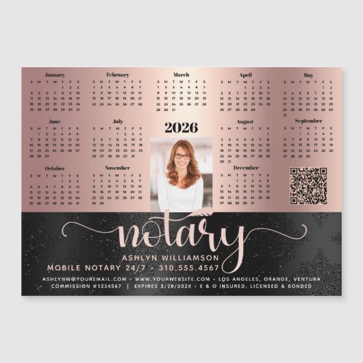2026 Kalender Notaris Zwart Roze QR Code Magnet (Voorkant)