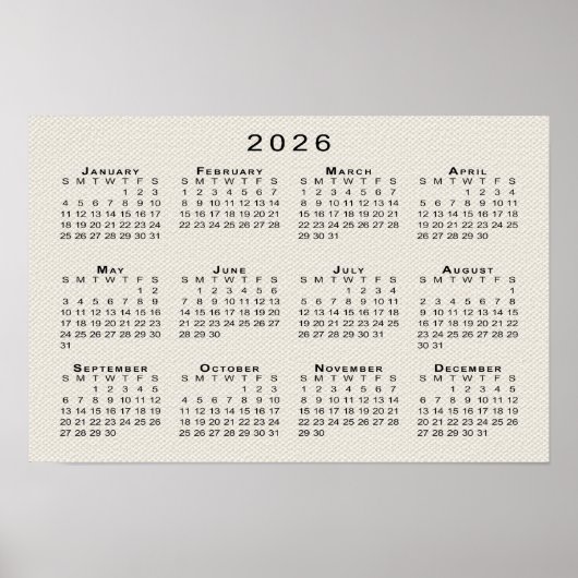 2026 Kalender op Faux Canvas Textuur Sjabloon Poster (Voorkant)