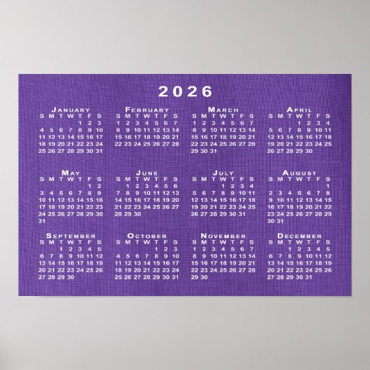2026 Kalender op Paarse linnen Sjabloon Foto Poster (Voorkant)