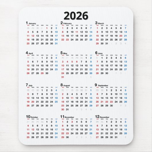 2026 Kalender Op Wit Muismat (Voorkant)