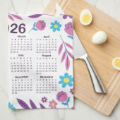 2026 Kalender Paarse en Blauwe Bloemenpatroon Theedoek (Quarter Fold)