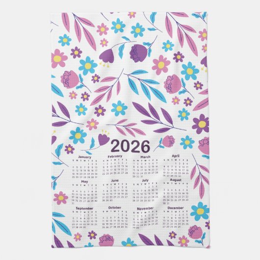 2026 Kalender Paarse en Blauwe Bloemenpatroon Theedoek (Verticaal)