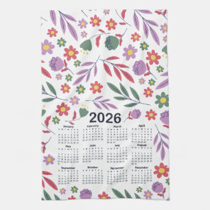 2026 Kalender Paarse en Rode Bloemenpatroon Theedoek