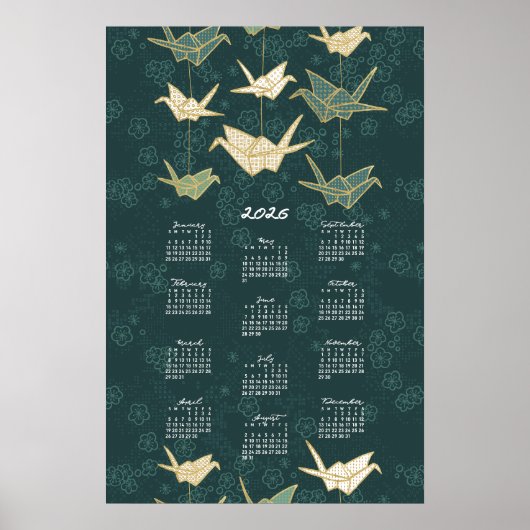 2026 Kalender Poster origami Kranen Groen Goud (Voorkant)