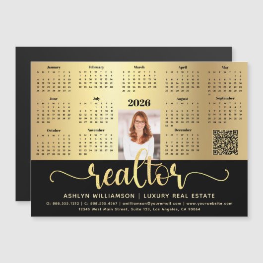 2026 Kalender Realtor Zwart Goud QR Code Magnet (Voorkant / Achterkant)