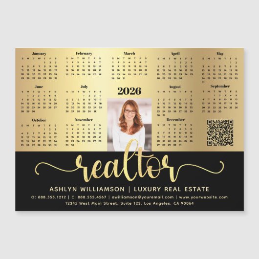 2026 Kalender Realtor Zwart Goud QR Code Magnet (Voorkant)