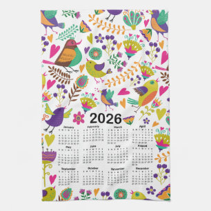 2026 Kalender Roze & Paarse Vogels en Bloemen Theedoek
