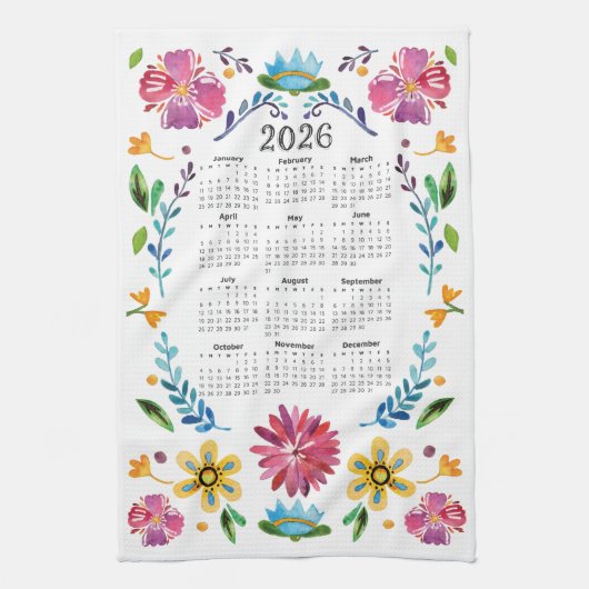 2026 Kalender Traditionele Mexicaanse Bloemenkunst Theedoek (Verticaal)