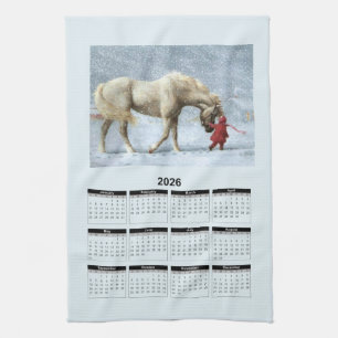 2026 Kalender van een paard en meisje in wintersne Theedoek