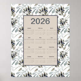2026 Kalender voor het hele jaar met botanische bl Poster