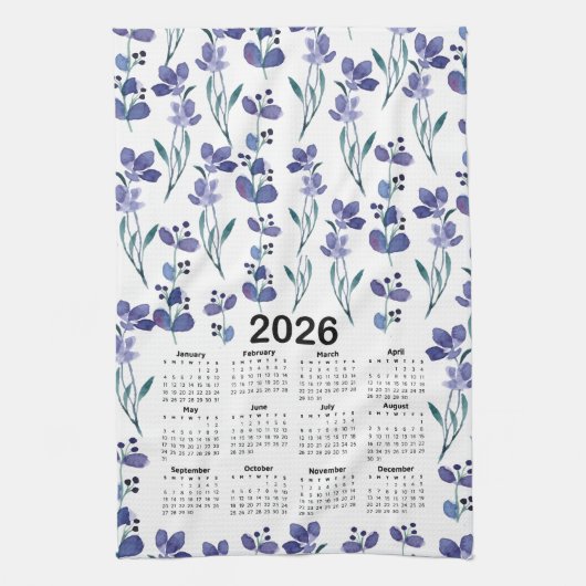 2026 Kalender Waterverf Blauw Bloempatroon Theedoek (Verticaal)