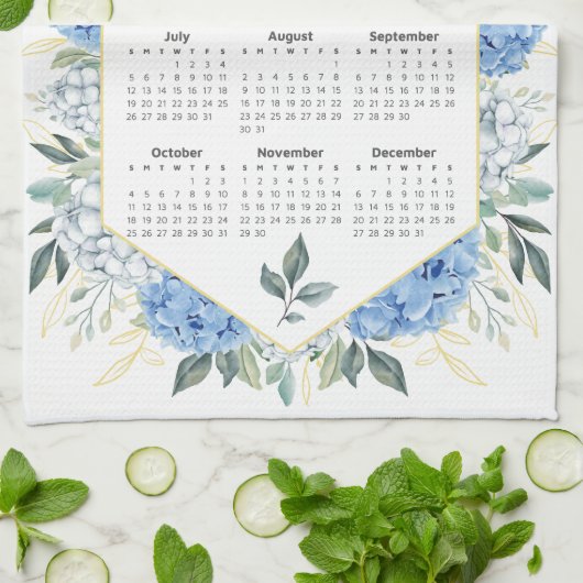 2026 Kalender Waterverf Blauw Botanisch Groen Theedoek (Gevouwen)