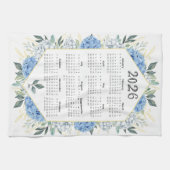 2026 Kalender Waterverf Blauw Botanisch Groen Theedoek (Horizontaal)