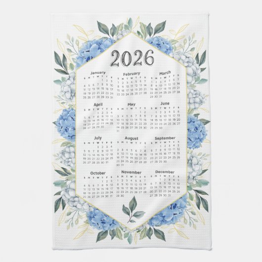 2026 Kalender Waterverf Blauw Botanisch Groen Theedoek (Verticaal)