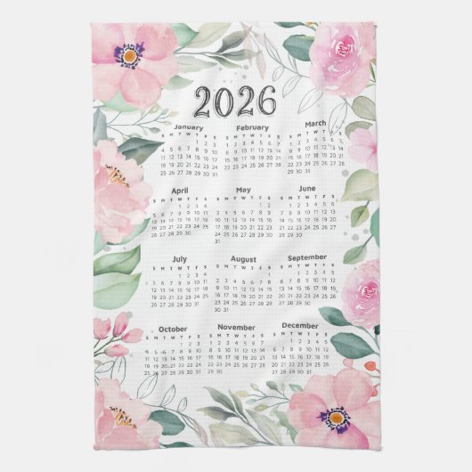 2026 Kalender Waterverf Blush Pink Floral Theedoek (Verticaal)