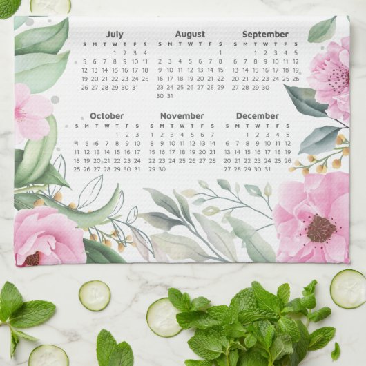 2026 Kalender Waterverf Eucalyptus Roze Bloemen Theedoek (Gevouwen)