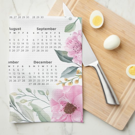 2026 Kalender Waterverf Eucalyptus Roze Bloemen Theedoek (Quarter Fold)