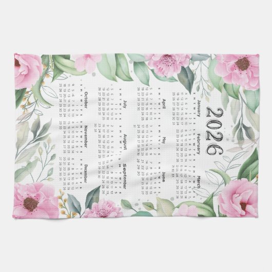 2026 Kalender Waterverf Eucalyptus Roze Bloemen Theedoek (Horizontaal)
