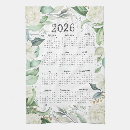 2026 Kalender Waterverf Eucalyptus White Floral Theedoek (Verticaal)
