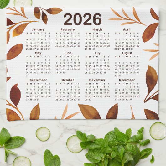 2026 Kalender Waterverf Fall Leaves Pattern Theedoek (Gevouwen)